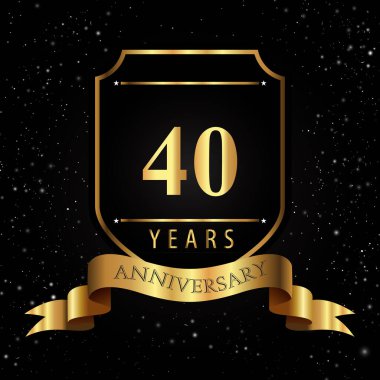 Kara Arkaplanda Altın Kalkanlı ve Kurdeleli 40 Yıl Altın Yıldönümü Logosu. Etkinlik partisi, doğum günü partisi, tebrik kartı, davetiye, mezuniyet, düğünler için özel tasarım.