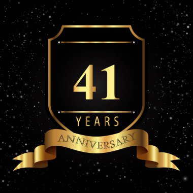Kara Arkaplanda Altın Kalkanlı ve Kurdeleli 41 Yıl Altın Yıldönümü Logosu. Etkinlik partisi, doğum günü partisi, tebrik kartı, davetiye, mezuniyet, düğünler için özel tasarım.