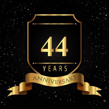 Kara Arkaplanda Altın Kalkanlı ve Kurdeleli 44 Yıl Altın Yıldönümü Logosu. Etkinlik partisi, doğum günü partisi, tebrik kartı, davetiye, mezuniyet, düğünler için özel tasarım.