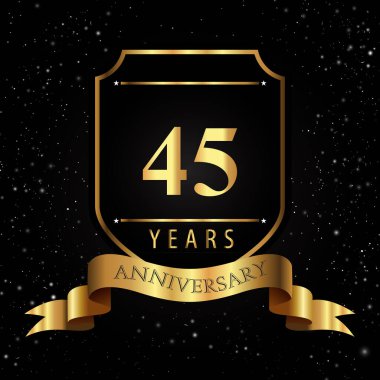 Kara Arkaplanda Altın Kalkan ve Kurdeleli 45 Yıl Altın Yıldönümü Logosu. Etkinlik partisi, doğum günü partisi, tebrik kartı, davetiye, mezuniyet, düğünler için özel tasarım.