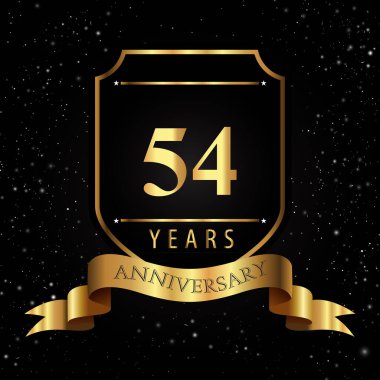 Kara Arkaplanda Altın Kalkan ve Kurdeleli 54 Yıl Altın Yıldönümü Logosu. Etkinlik partisi, doğum günü partisi, tebrik kartı, davetiye, mezuniyet, düğünler için özel tasarım.
