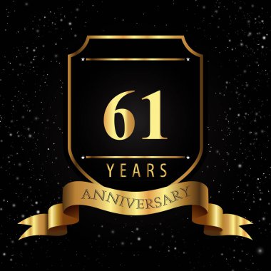 Kara Arkaplanda Altın Kalkan ve Kurdeleli 61 Yıl Altın Yıldönümü Logosu. Etkinlik partisi, doğum günü partisi, tebrik kartı, davetiye, mezuniyet, düğünler için özel tasarım.