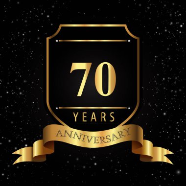 Kara Arkaplan 'da Altın Kalkan ve Kurdeleli 70 Yıl Altın Yıldönümü Logosu. Etkinlik partisi, doğum günü partisi, tebrik kartı, davetiye, mezuniyet, düğünler için özel tasarım.