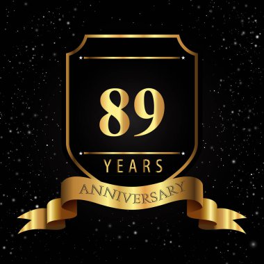 89 Yıl Altın Yıldönümü Logosu, Kara Arkaplanda Altın Kalkan ve Kurdele İzole Edilmiş. Etkinlik partisi, doğum günü partisi, tebrik kartı, davetiye, mezuniyet, düğünler için özel tasarım.