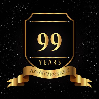 Kara Arkaplanda Altın Kalkan ve Kurdeleli 99 Yıl Altın Yıldönümü Logosu. Etkinlik partisi, doğum günü partisi, tebrik kartı, davetiye, mezuniyet, düğünler için özel tasarım.