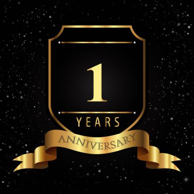 Kara Arkaplanda Altın Kalkanlı ve Kurdeleli 1 Yıl Altın Yıldönümü Logosu. Etkinlik partisi, doğum günü partisi, tebrik kartı, davetiye, mezuniyet, düğünler için özel tasarım.