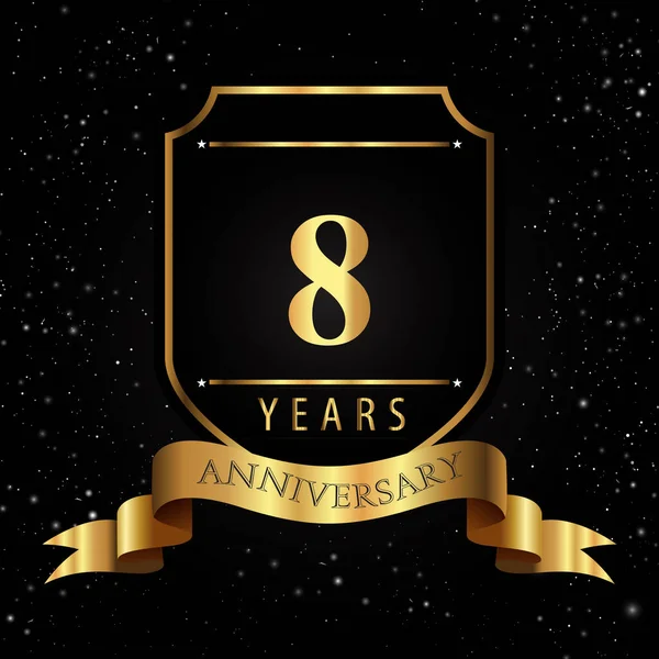 Years Golden Anniversary Logo Golden Shield Ribbon Isolated Black Background — Vetor de Stock