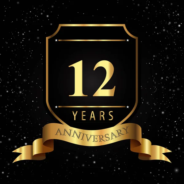 Years Golden Anniversary Logo Golden Shield Ribbon Isolated Black Background — Archivo Imágenes Vectoriales