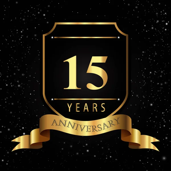 Years Golden Anniversary Logo Golden Shield Ribbon Isolated Black Background — стоковий вектор