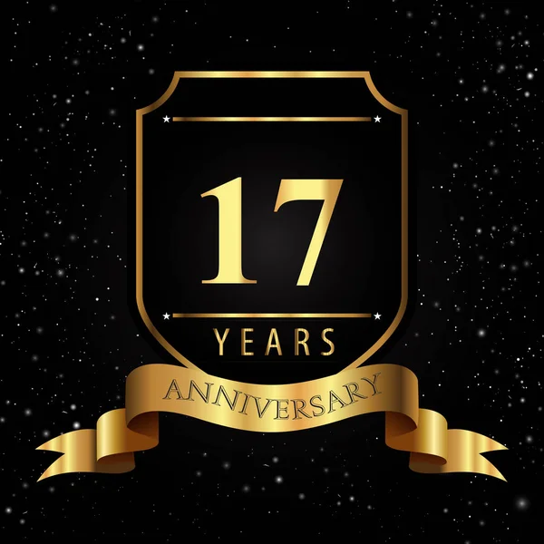 Years Golden Anniversary Logo Golden Shield Ribbon Isolated Black Background — ストックベクタ