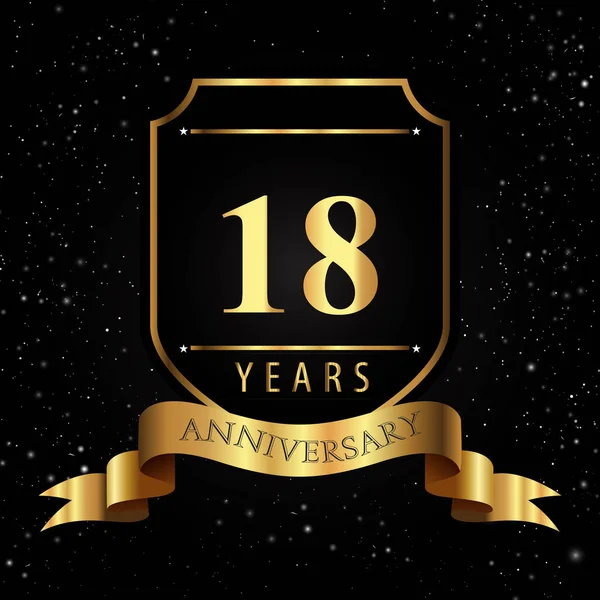 Years Golden Anniversary Logo Golden Shield Ribbon Isolated Black Background — Archivo Imágenes Vectoriales