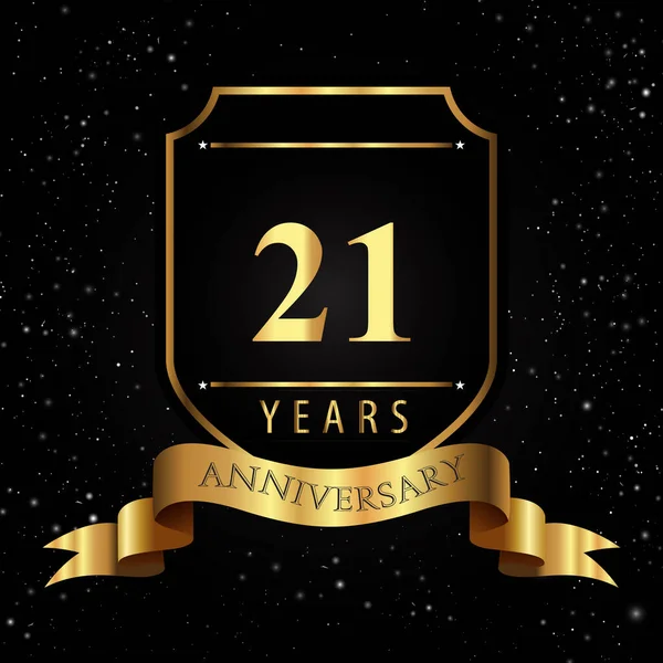 Years Golden Anniversary Logo Golden Shield Ribbon Isolated Black Background — ストックベクタ