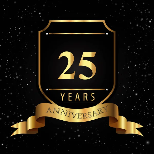 Years Golden Anniversary Logo Golden Shield Ribbon Isolated Black Background — Stok Vektör