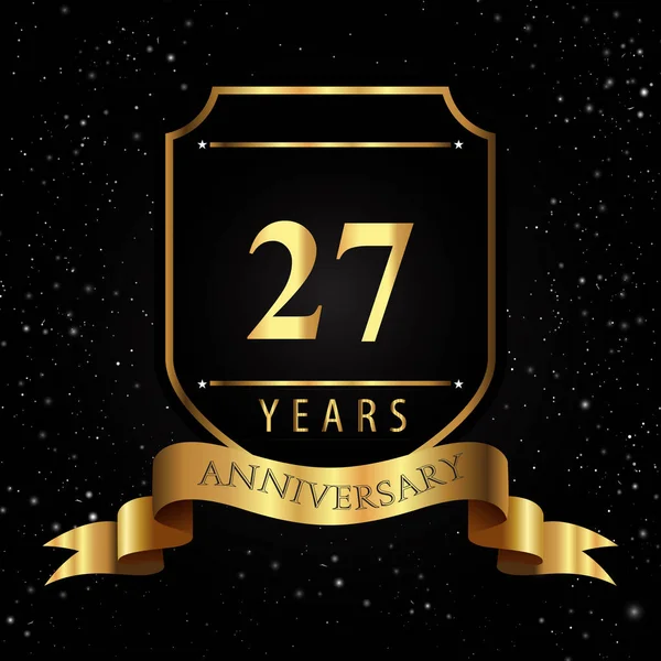 Years Golden Anniversary Logo Golden Shield Ribbon Isolated Black Background — ストックベクタ