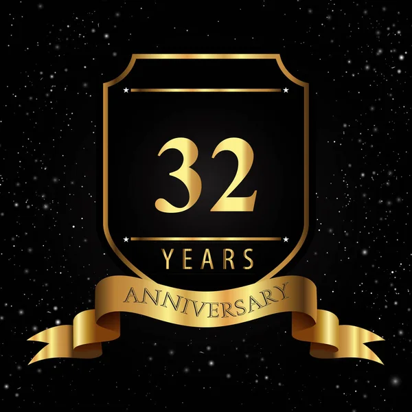 Years Golden Anniversary Logo Golden Shield Ribbon Isolated Black Background — ストックベクタ