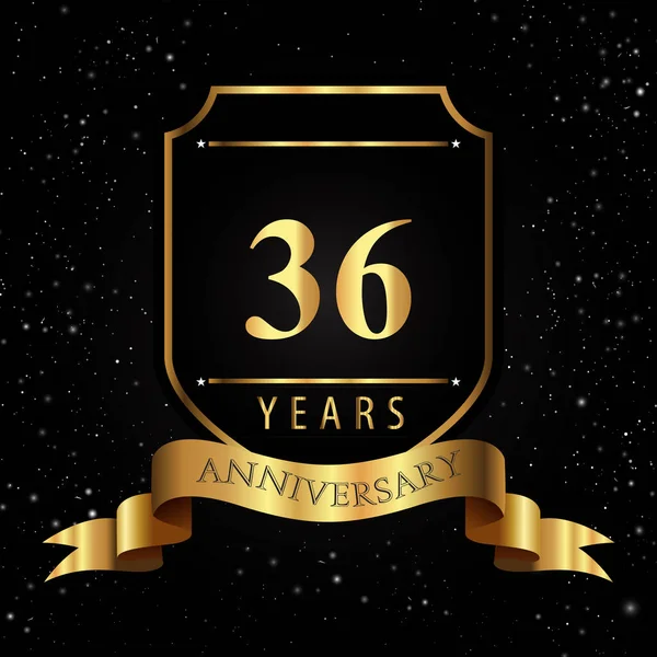 Years Golden Anniversary Logo Golden Shield Ribbon Isolated Black Background — Stock vektor