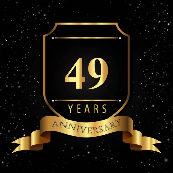 Years Golden Anniversary Logo Golden Shield Ribbon Isolated Black Background — Vetor de Stock