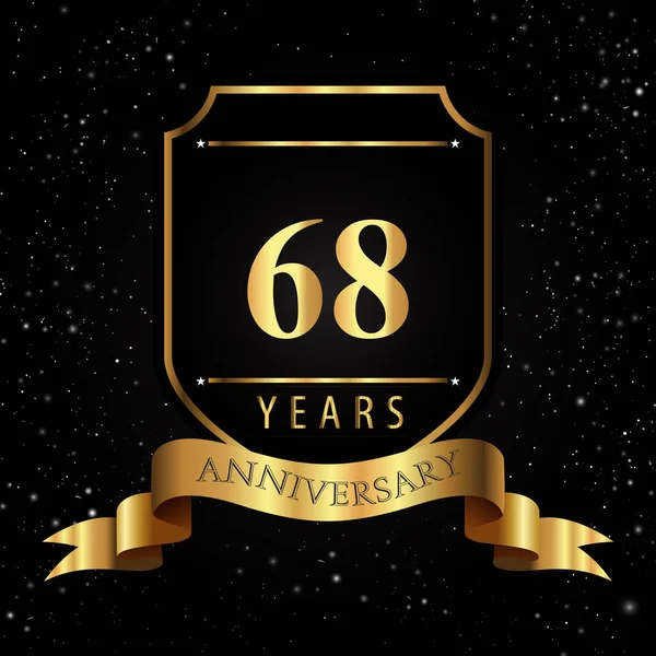 Years Golden Anniversary Logo Golden Shield Ribbon Isolated Black Background — Stock Vector