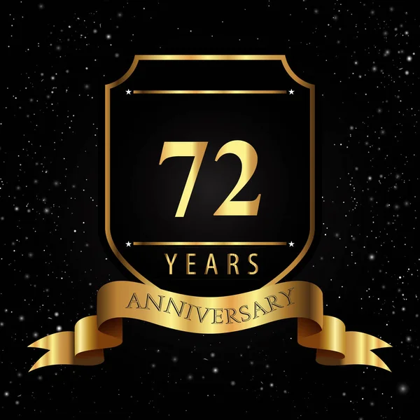 Years Golden Anniversary Logo Golden Shield Ribbon Isolated Black Background — Vector de stock