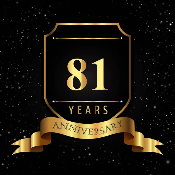Years Golden Anniversary Logo Golden Shield Ribbon Isolated Black Background — 스톡 벡터