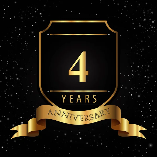 Years Golden Anniversary Logo Golden Shield Ribbon Isolated Black Background — Stock vektor
