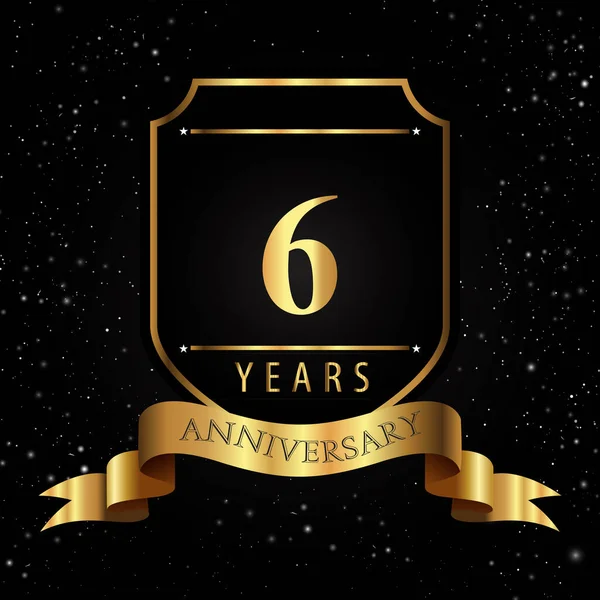 Years Golden Anniversary Logo Golden Shield Ribbon Isolated Black Background — Διανυσματικό Αρχείο