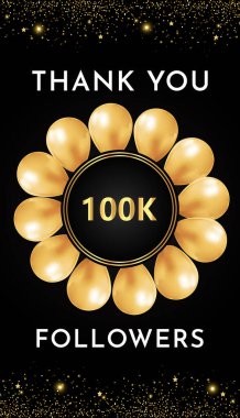 Teşekkürler 100 bin takipçi, altın balon çerçeveleri ve altın parıltılı kenarları siyah arka planda. Pankart, poster, tebrik kartı ve sosyal medya gönderim şablonu için en iyi tasarım.