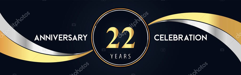 22 years anniversary celebration logo design with gold and silver creative shape on black pearl background. Premium design for poster, banner, weddings, birthday party, celebration event.