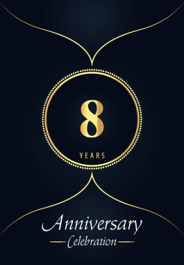 Mavi kömür arka planında altın noktalı daire ve Arap tarzı tasarım içeren 8. yıl dönümü kutlaması logosu. Düğünler için özel tasarım, mutlu yıllar, selamlar, seremoni, poster, afiş.