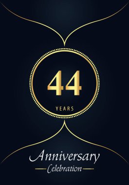 Mavi kömür arka planında altın noktalı daire ve Arap tarzı tasarımı olan 44 yıllık kutlama logosu. Düğünler için özel tasarım, mutlu yıllar, selamlar, seremoni, poster, afiş.