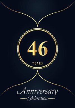 Mavi kömür arka planında altın noktalı daire ve Arap tarzı tasarımı olan 46 yıllık kutlama logosu. Düğünler için özel tasarım, mutlu yıllar, selamlar, seremoni, poster, afiş.