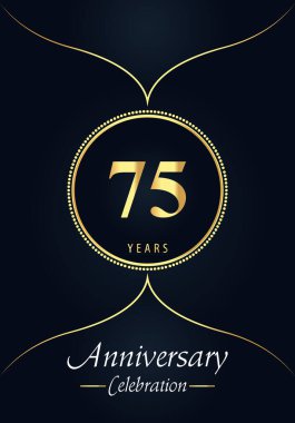 Mavi kömür arka planında altın noktalı daire ve Arap tarzı tasarımı olan 75 yıllık kutlama logosu. Düğünler için özel tasarım, mutlu yıllar, selamlar, seremoni, poster, afiş.