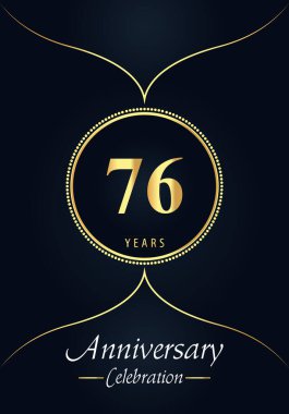 76 yıllık kutlama logosu, altın noktalı daire ve mavi kömür arka planında Arap tarzı tasarım. Düğünler için özel tasarım, mutlu yıllar, selamlar, seremoni, poster, afiş.