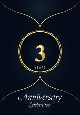 Mavi kömür arka planında altın noktalı daire ve Arap tarzı dizayn bulunan 3 yıllık kutlama logosu. Düğünler için özel tasarım, mutlu yıllar, selamlar, seremoni, poster, afiş.