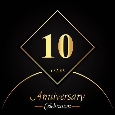 10 years anniversary celebration with gold square frames and circle shapes on black background. Premium design for birthday party, poster, banner, graduation, weddings, jubilee, greetings card.