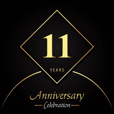 11 years anniversary celebration with gold square frames and circle shapes on black background. Premium design for birthday party, poster, banner, graduation, weddings, jubilee, greetings card.