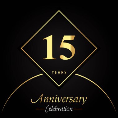 15 years anniversary celebration with gold square frames and circle shapes on black background. Premium design for birthday party, poster, banner, graduation, weddings, jubilee, greetings card.