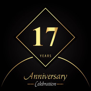 17 years anniversary celebration with gold square frames and circle shapes on black background. Premium design for birthday party, poster, banner, graduation, weddings, jubilee, greetings card.