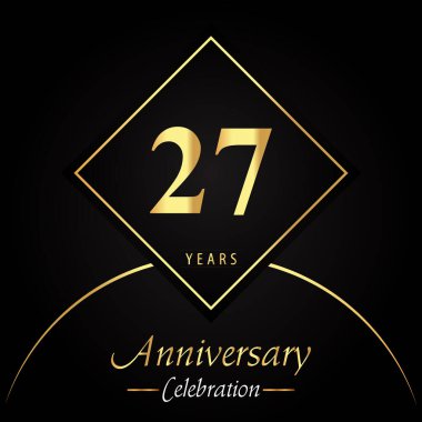 27 years anniversary celebration with gold square frames and circle shapes on black background. Premium design for birthday party, poster, banner, graduation, weddings, jubilee, greetings card.