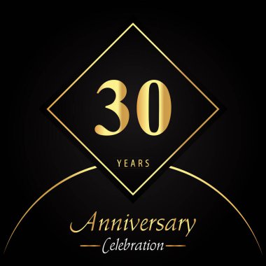 30 years anniversary celebration with gold square frames and circle shapes on black background. Premium design for birthday party, poster, banner, graduation, weddings, jubilee, greetings card.