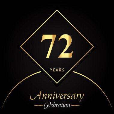 72 years anniversary celebration with gold square frames and circle shapes on black background. Premium design for birthday party, poster, banner, graduation, weddings, jubilee, greetings card.