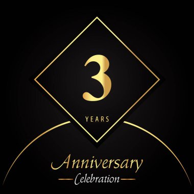 3 years anniversary celebration with gold square frames and circle shapes on black background. Premium design for birthday party, poster, banner, graduation, weddings, jubilee, greetings card.
