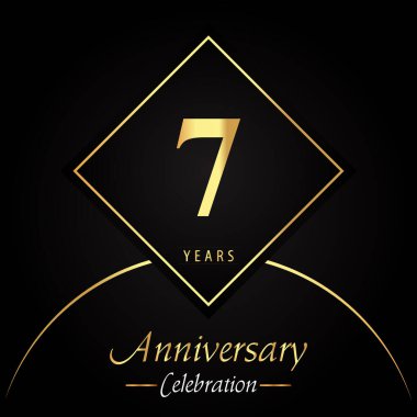 7 years anniversary celebration with gold square frames and circle shapes on black background. Premium design for birthday party, poster, banner, graduation, weddings, jubilee, greetings card.