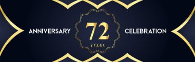 72 years anniversary celebration logo with gold decorative frames on dark blue background. Premium design for booklet, banner, weddings, happy birthday, greetings card, graduation, ceremony, jubilee.