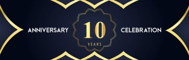 10 years anniversary celebration logo with gold decorative frames on dark blue background. Premium design for booklet, banner, weddings, happy birthday, greetings card, graduation, ceremony, jubilee.