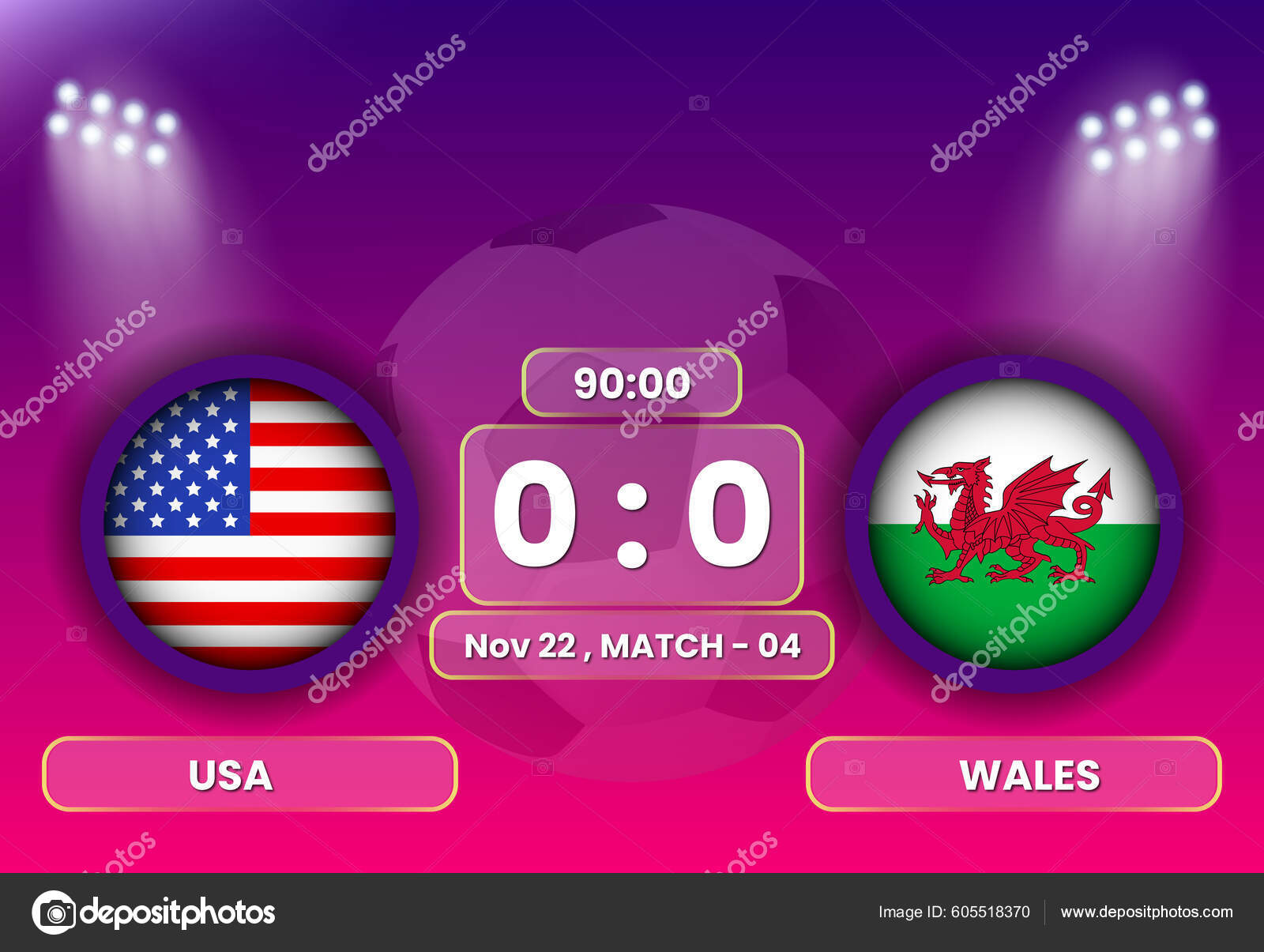 Usa Wales Football Soccer Match Schedule Scoreboard Broadcasts Template Football Stock Vector