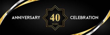 40th anniversary celebration with gold star frames and creative silver shapes on black background. Premium design for the ceremony, jubilee, birthday party, greeting card, wedding, and banner.