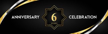 6th anniversary celebration with gold star frames and creative silver shapes on black background. Premium design for the ceremony, jubilee, birthday party, greeting card, wedding, and banner.