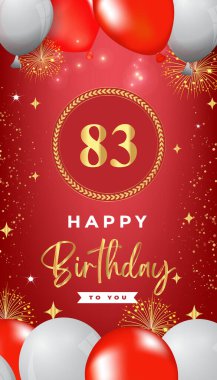 83th Birthday celebration with colorful balloons, gold frames, fireworks, and stars on red background. Premium design for, banner, poster, greeting card, birthday invitations, and Celebration events.