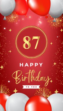 87th Birthday celebration with colorful balloons, gold frames, fireworks, and stars on red background. Premium design for, banner, poster, greeting card, birthday invitations, and Celebration events.